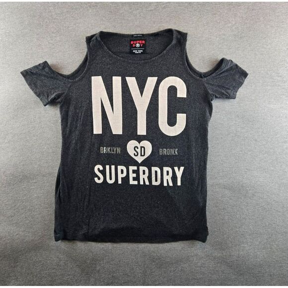 Superdry Top Womens Small‎ Black Cold Shoulder Stretch Long Sleeves NYC Tokyo - Picture 1 of 9